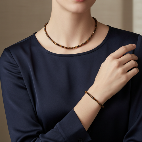 Sertifikalı Kaplan Gözü Doğal Taş Kolye ve Bileklik Takımı 4 mm