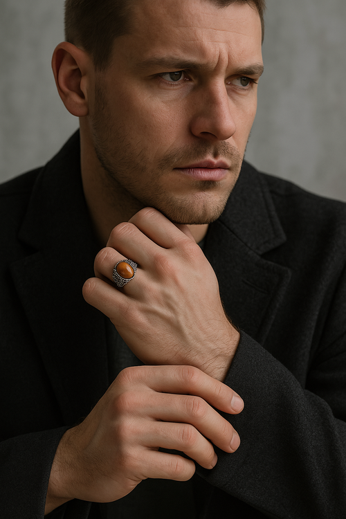 Sertifikalı Kaplan Gözü Doğal Taş 925 Ayar Gümüş Erkek Yüzük