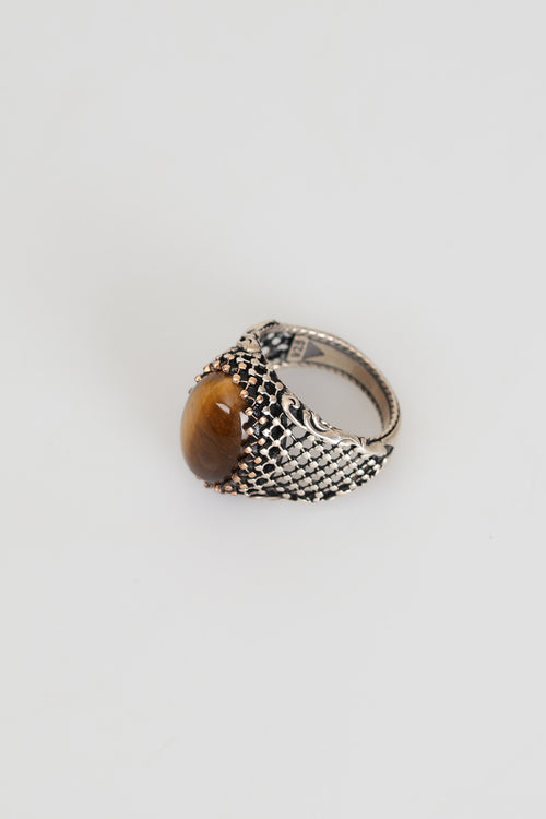 Sertifikalı Kaplan Gözü Doğal Taş 925 Ayar Gümüş Erkek Yüzük