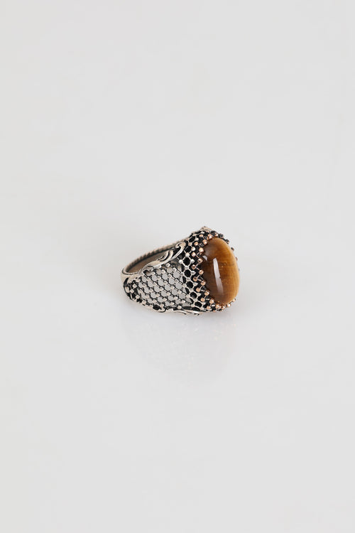 Sertifikalı Kaplan Gözü Doğal Taş 925 Ayar Gümüş Erkek Yüzük