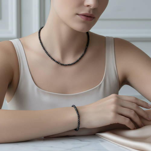 Sertifikalı Karlı Obsidyen Doğal Taş Kolye ve Bileklik Takımı 4 mm