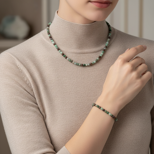 Sertifikalı Krizopras Doğal Taş Kolye ve Bileklik Takımı 4 mm