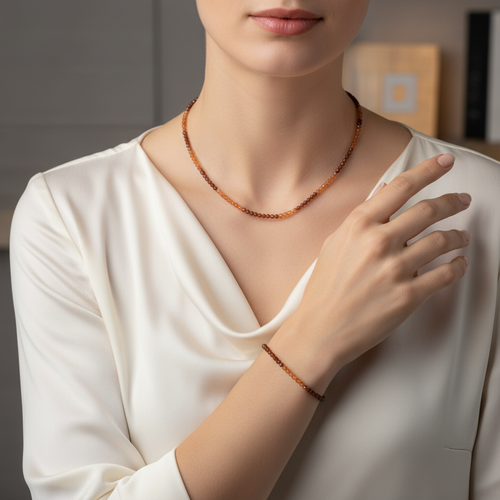 Sertifikalı Lal Hezonite Doğaltaş Kolye Bileklik Set 4 mm