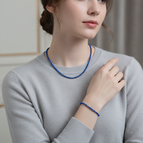 Sertifikalı Lapis Lazuli Doğal Taş Kolye ve Bileklik Takımı 4 mm