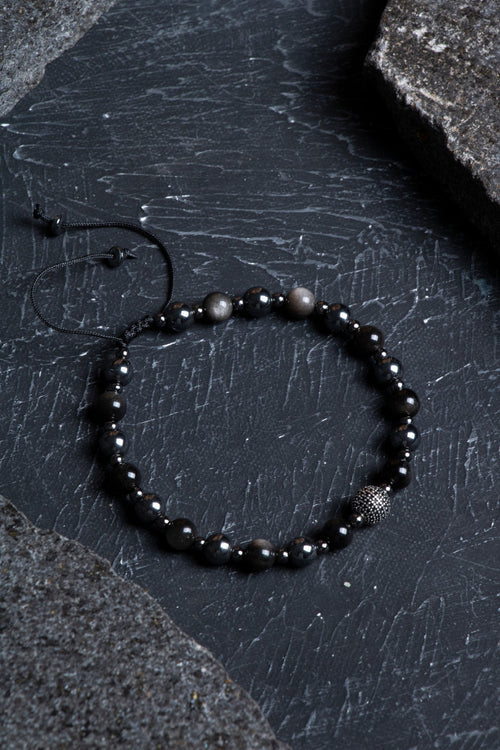 Sertifikalı Obsidyen, Hematit Gümüş Aparat Doğal Taş Makrome Bileklik