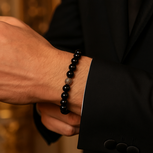 Sertifikalı Obsidyen Zirkon Aparatlı Doğal Taş 8 mm Bileklik