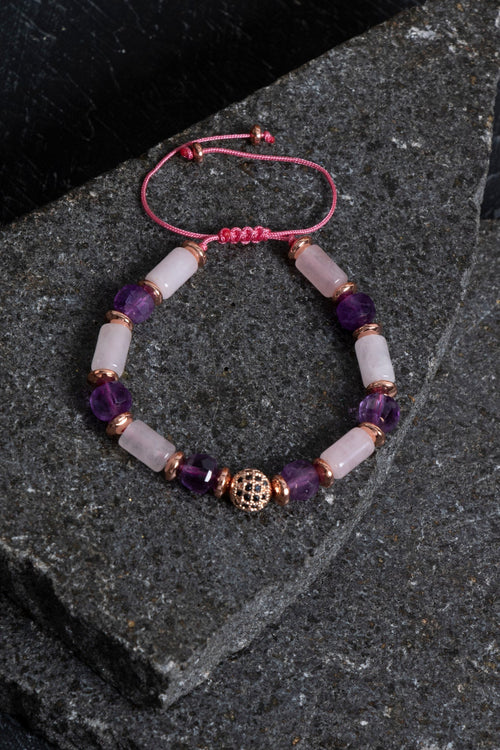 Sertifikalı Pembe Kuvars Ametist ve Hematit Bileklik