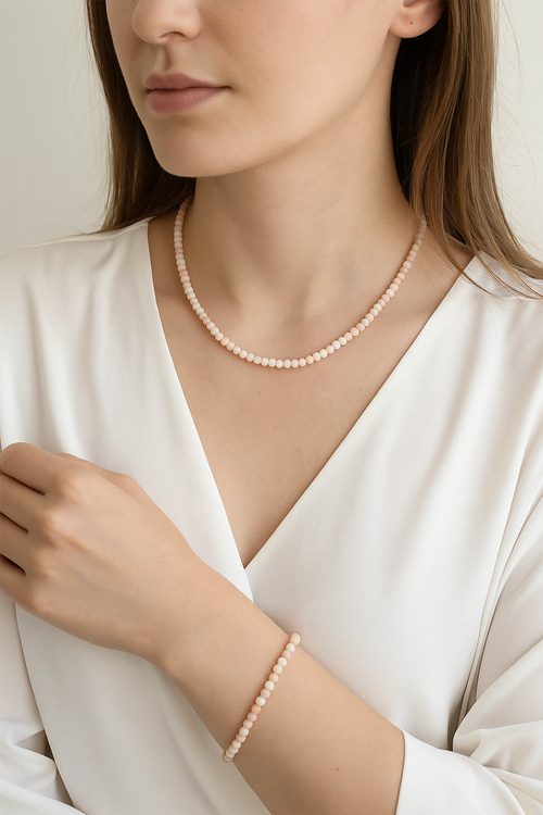 Sertifikalı Pembe Opal Doğal Taş Kolye ve Bileklik Takımı 4 mm