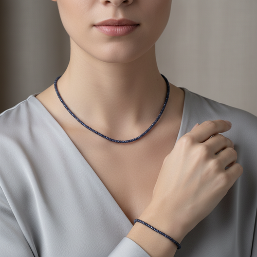 Sertifikalı Safir Doğal Taş Kolye ve Bileklik Seti 3-4 mm