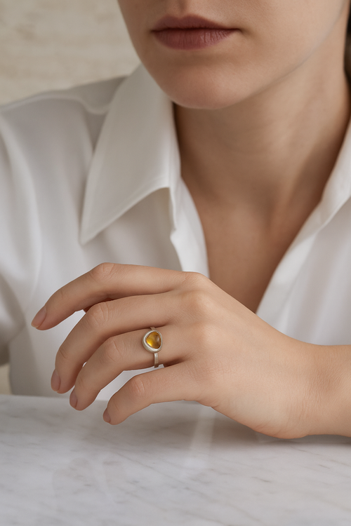 Sertifikalı Sitrin Doğal Taş 925 Ayar Gümüş Yüzük