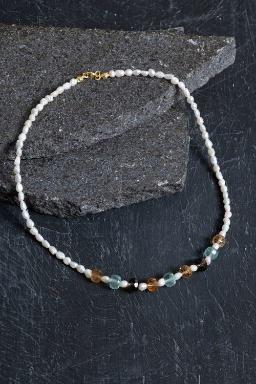 Sertifikalı Sitrin Florit İnci Dumanlı Kuvars Doğal Taş Kolye