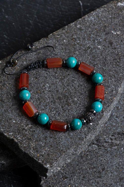 Sertifikalı Turkuaz, Akik, Hematit Zirkon Aparat Makrome Doğal Taş Bileklik