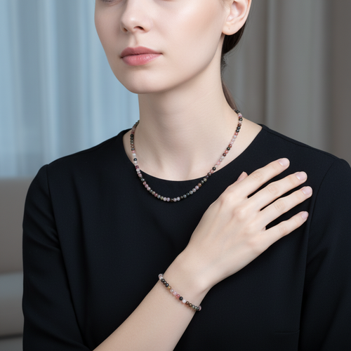 Sertifikalı Turmalin Doğal Taş Kolye ve Bileklik Takımı 3-4 mm