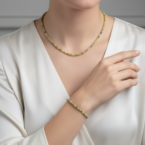 Sertifikalı Yeşim Serpantin Doğal Taş Kolye ve Bileklik Takımı 4 mm