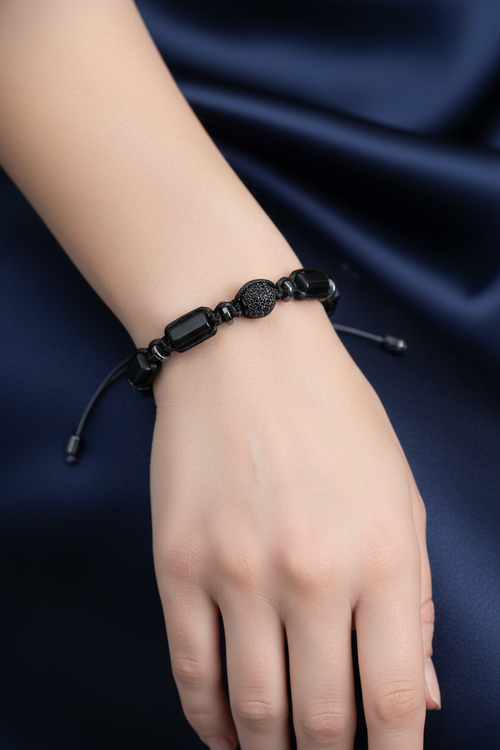 Shungit - Hematit Doğal Taş Zirkon Aparatlı Makrome Bileklik