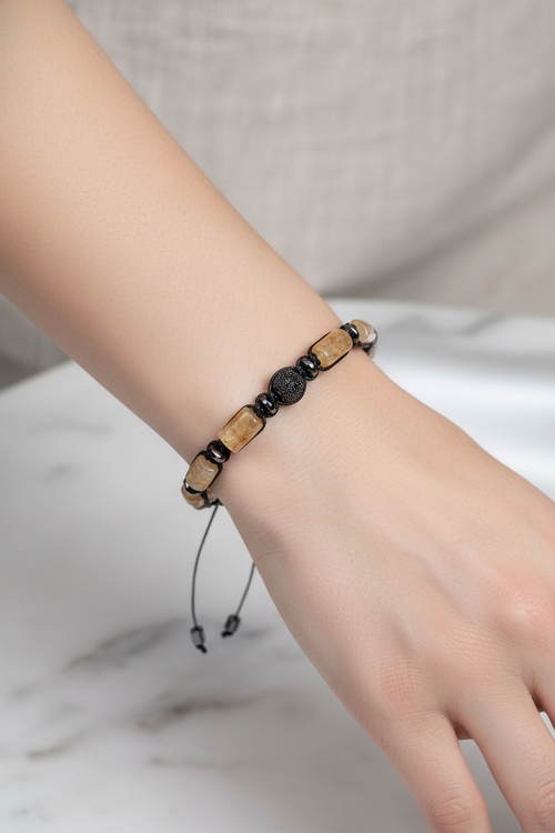 Sitrin - Hematit Doğal Taş Zirkon Aparatlı Makrome Bileklik