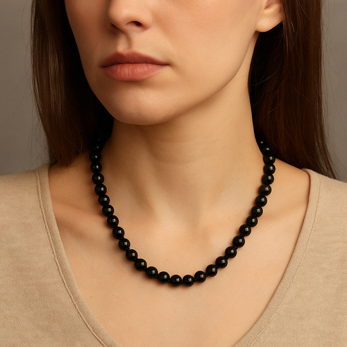 Siyah Göz Akik 8 mm Düğümlü Doğal Taş Kolye