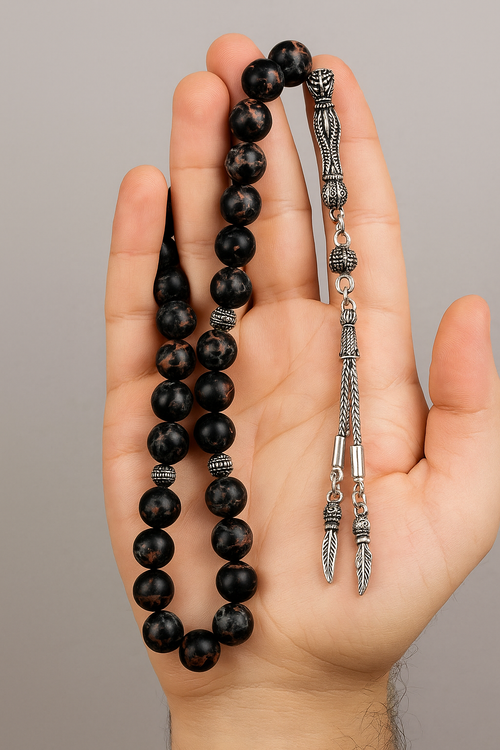 Siyah Varisit Doğal Taş Tesbih 8 mm Küre Kesim