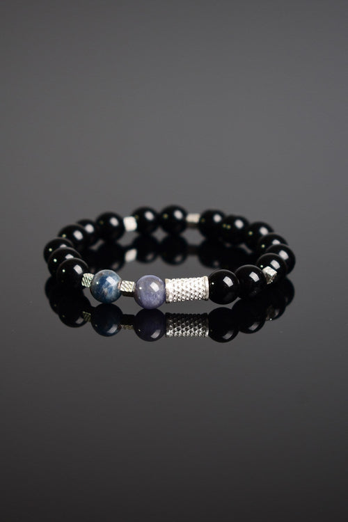 Tanzanit - Kıyanit - Obsidyen Doğal Taş Gümüş Aparatlı Unisex Bileklik