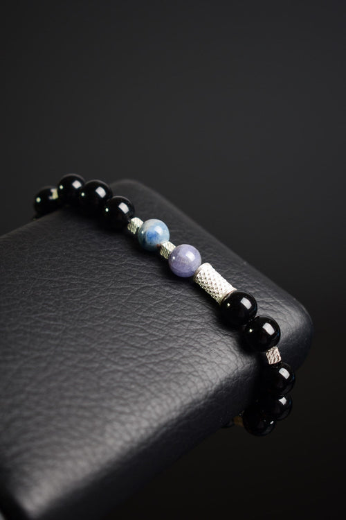 Tanzanit - Kıyanit - Obsidyen Doğal Taş Gümüş Aparatlı Unisex Bileklik