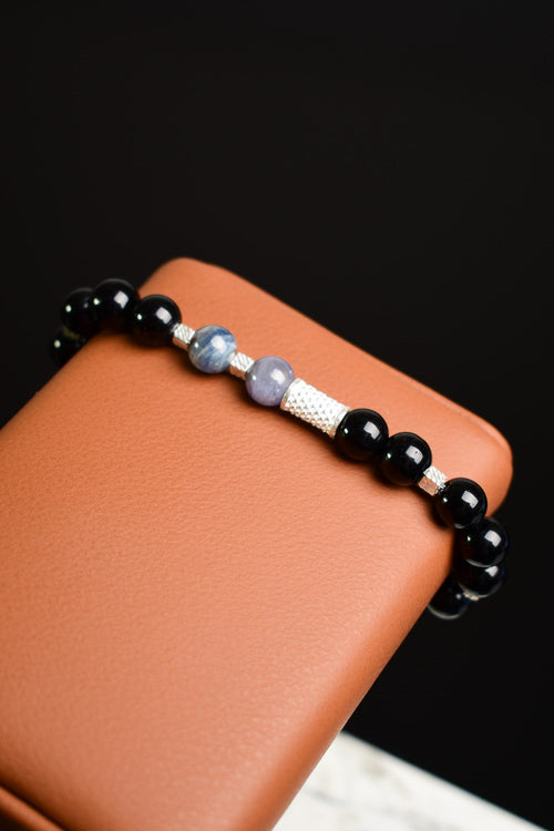 Tanzanit - Kıyanit - Obsidyen Doğal Taş Gümüş Aparatlı Unisex Bileklik