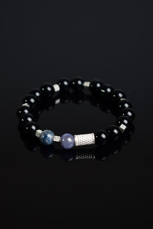 Tanzanit - Kıyanit - Obsidyen Doğal Taş Gümüş Aparatlı Unisex Bileklik
