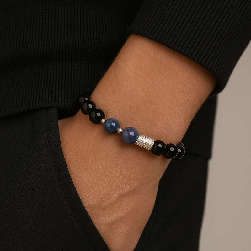 Tanzanit - Kıyanit - Obsidyen Doğal Taş Gümüş Aparatlı Unisex Bileklik - Görsel 1 - Safnaturel