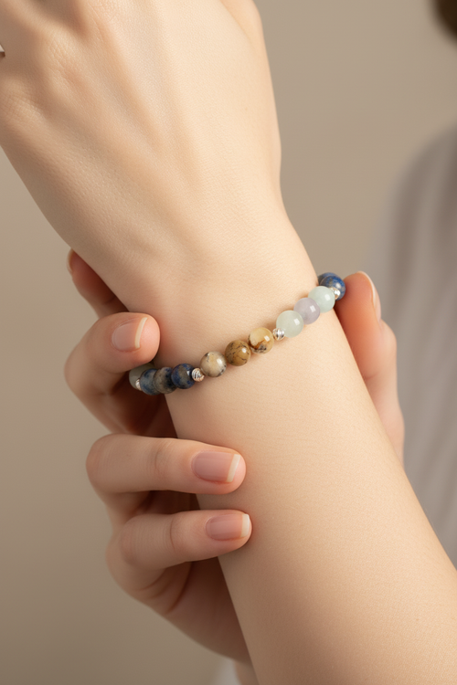 Terazi Burcu - Lapis - Akuamarin - Opal Doğal Taş Gümüş Aparat Bileklik