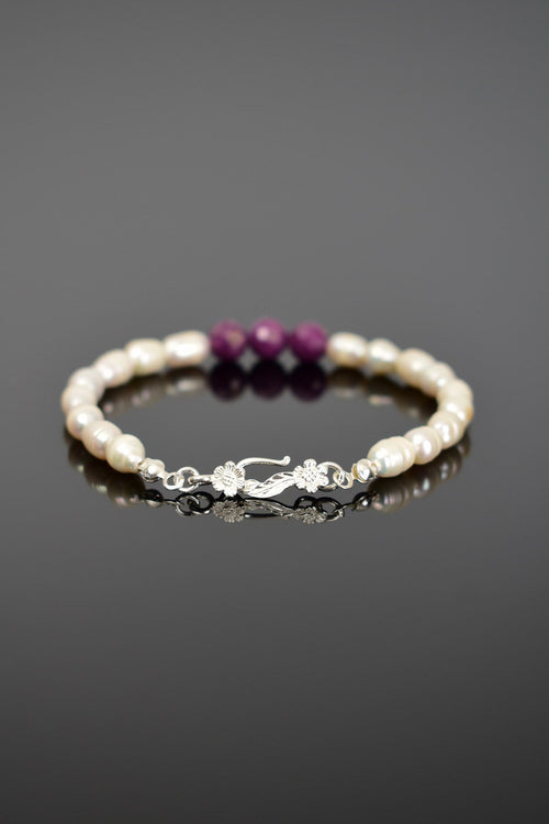 Yakut - İnci Doğal Taş 925 Ayar Gümüş Kapama Bileklik