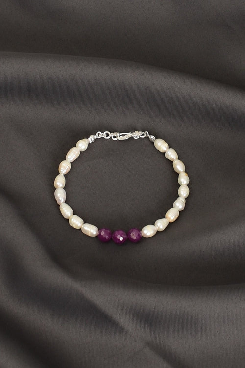 Yakut - İnci Doğal Taş 925 Ayar Gümüş Kapama Bileklik