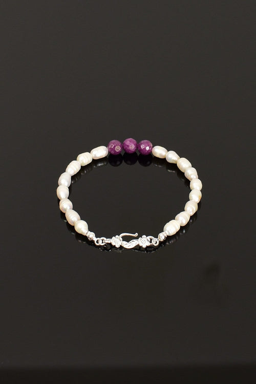 Yakut - İnci Doğal Taş 925 Ayar Gümüş Kapama Bileklik