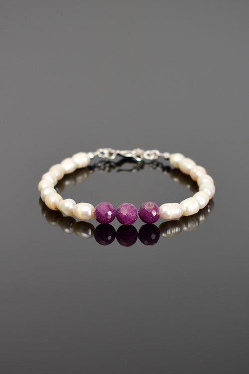 Yakut - İnci Doğal Taş 925 Ayar Gümüş Kapama Bileklik