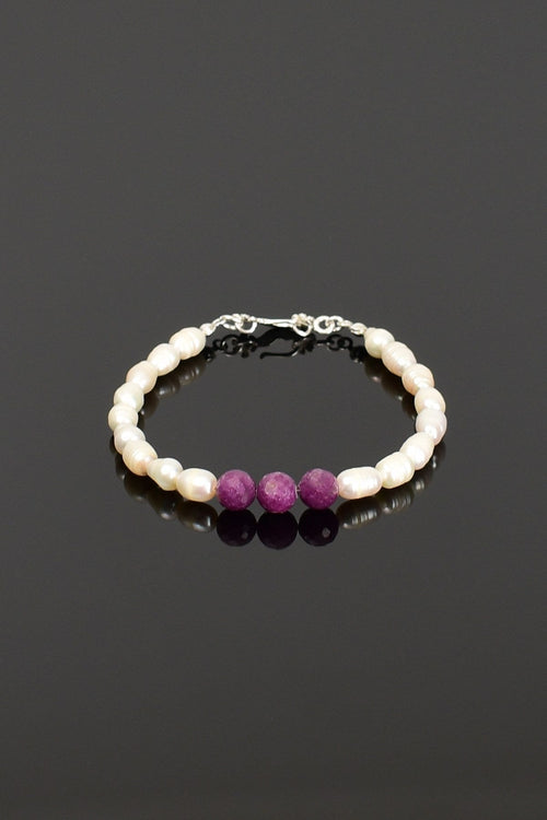 Yakut - İnci Doğal Taş 925 Ayar Gümüş Kapama Bileklik