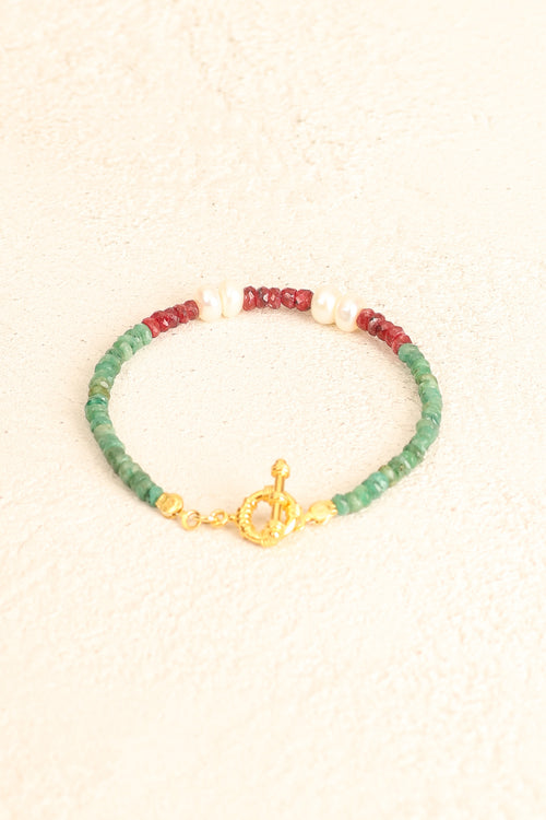 Yakut – Zümrüt – İnci Gümüş Kapama Özel Tasarım Doğal Taş Bileklik