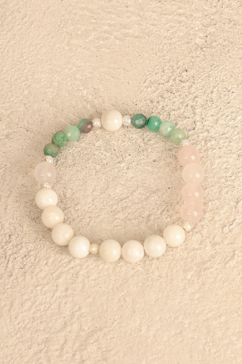 Yengeç Burcu - Zümrüt - Ay Taşı - Pembe Kuvars Doğal Taş Gümüş Aparatlı Bileklik