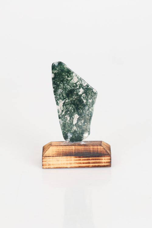 Yosunlu Akik Doğal Taş Ahşap Standlı Parça