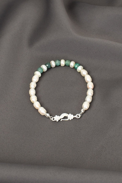 Zümrüt- İnci Doğal Taş 925 Ayar Gümüş Kapama Bileklik