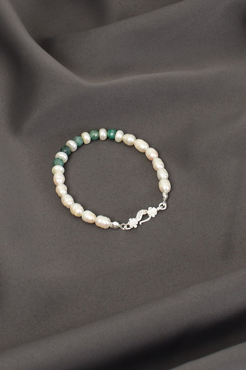 Zümrüt- İnci Doğal Taş 925 Ayar Gümüş Kapama Bileklik