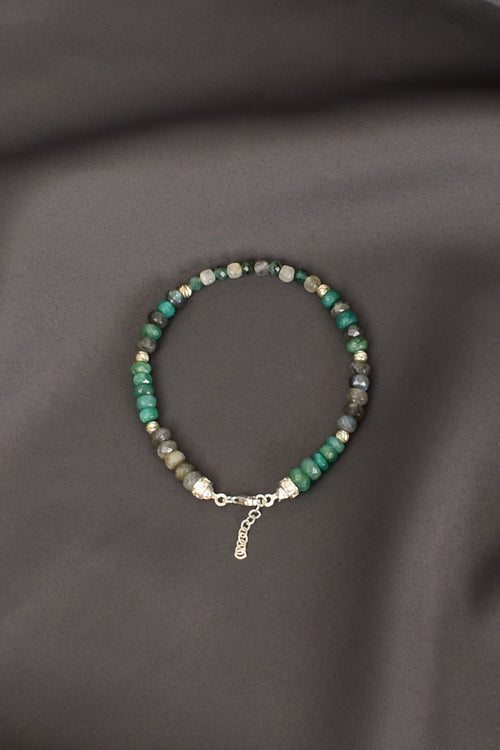 Zümrüt - Labradorit Doğal Taş Gümüş Kapama Bileklik