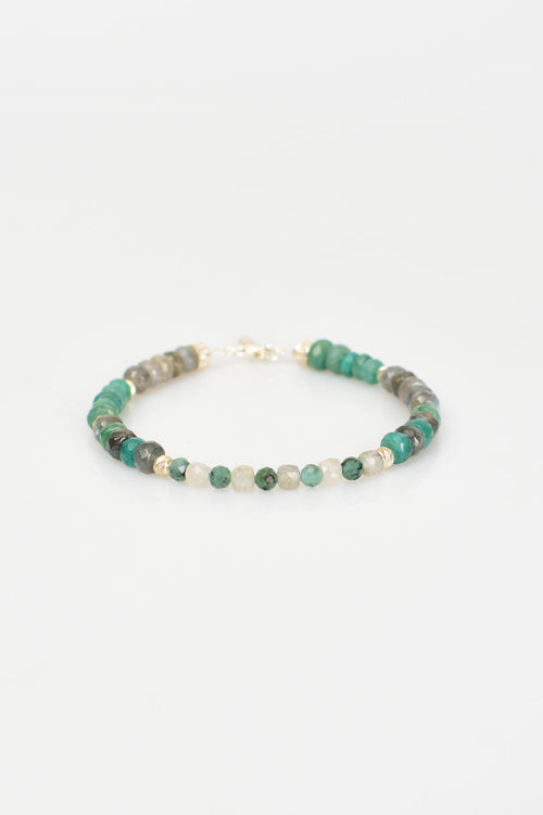 Zümrüt - Labradorit Doğal Taş Gümüş Kapama Bileklik