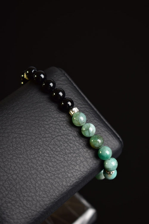 Zümrüt - Obsidyen Doğal Taş 925 Ayar Gümüş Aparatlı Bileklik