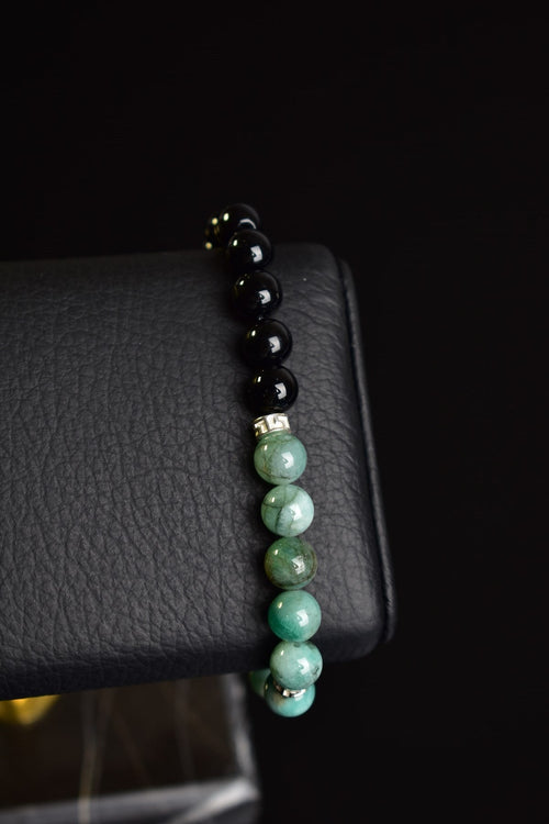 Zümrüt - Obsidyen Doğal Taş 925 Ayar Gümüş Aparatlı Bileklik