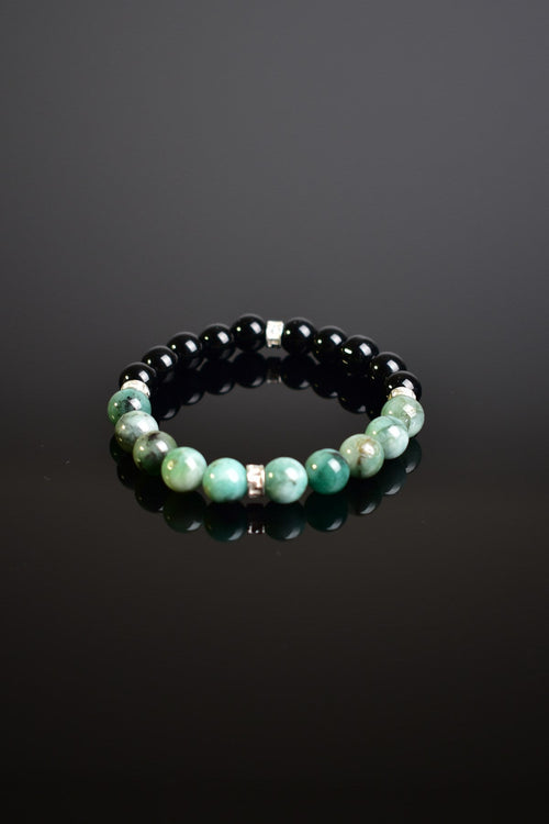 Zümrüt - Obsidyen Doğal Taş 925 Ayar Gümüş Aparatlı Bileklik