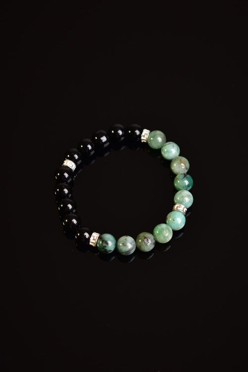 Zümrüt - Obsidyen Doğal Taş 925 Ayar Gümüş Aparatlı Bileklik