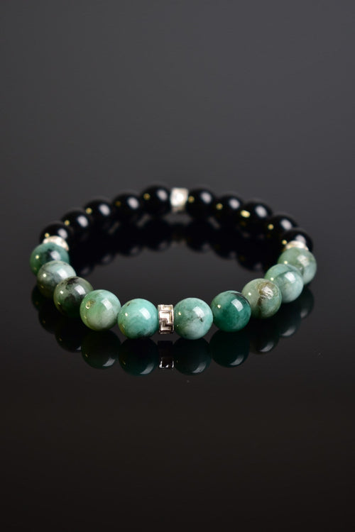 Zümrüt - Obsidyen Doğal Taş 925 Ayar Gümüş Aparatlı Bileklik