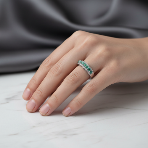 Zümrüt - Pırlantalı Doğal Taş 925 Ayar Gümüş Yüzük