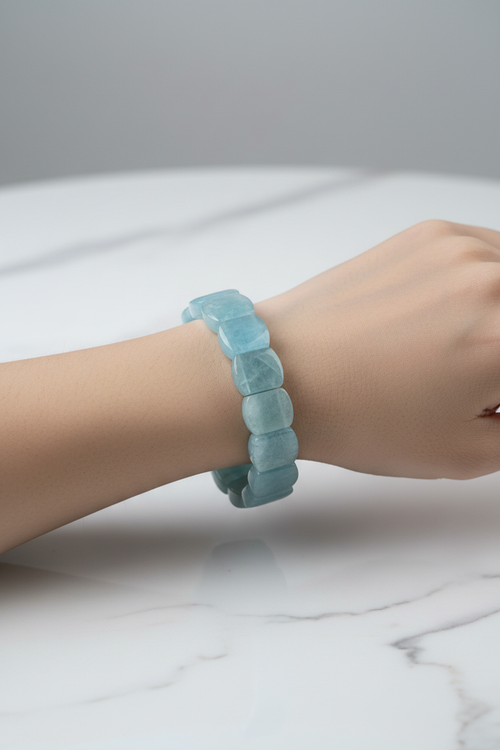 Akuamarin Doğal Taş Kare Kesim Geniş Kesim Bileklik