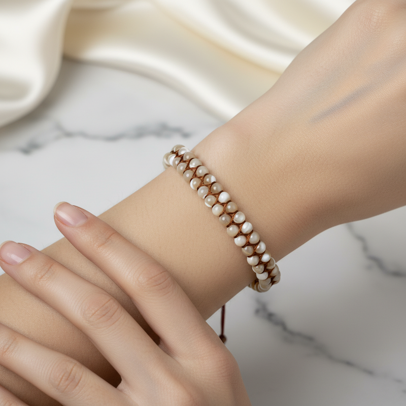 Sedef 4 mm Çift Sıra Doğal Taş Makrome Bileklik – Unisex El İşçiliği - Görsel 1 - Safnaturel