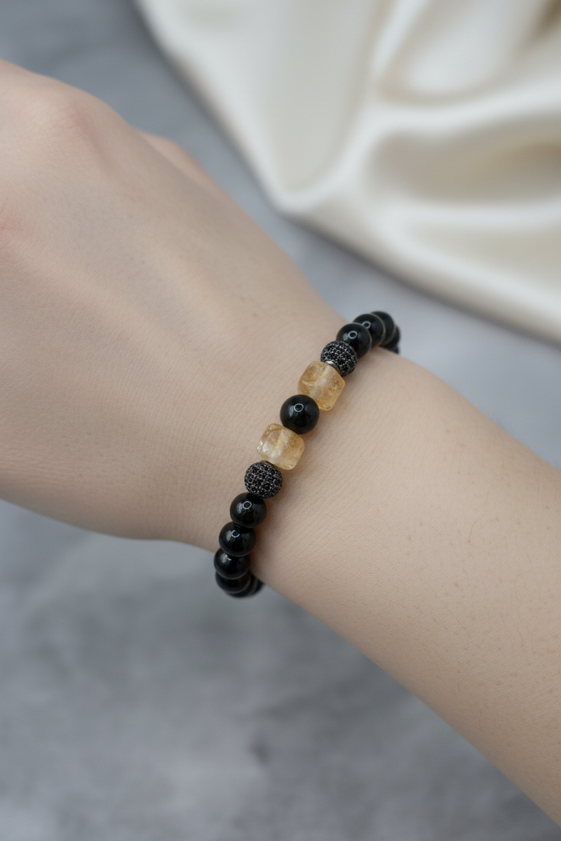 Sitrin, Obsidyen ve Siyah Zirkon Doğal Taş Bileklik – 8 mm Unisex Tasarım - Görsel 2 - Safnaturel