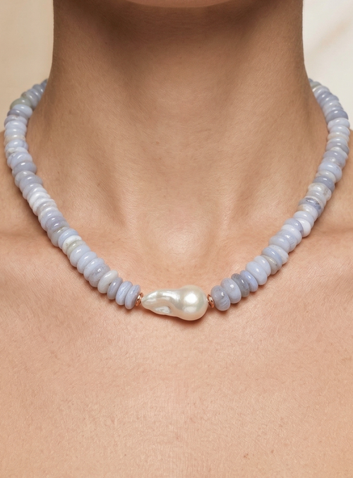 Sertifikalı İnci & Kalsedon Doğaltaş Kolye